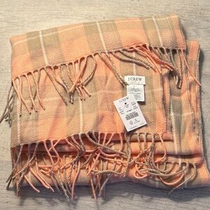 J. Crew Peach and Tan Plaid Fringe Scarf